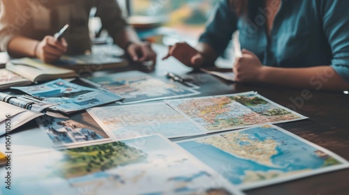 Client Consultation: A travel agent discussing vacation options with client at a desk