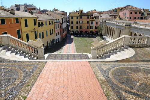 Ligurian city. Piazza Guglielmo Marconi.The historic center of the town of Lavagna in Liguria with the Brignardello portico. Lavagna, Liguria, Italy