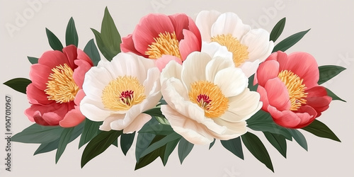 Intersectional peonies displayed in an indoor floral arrangement, illustration art photo