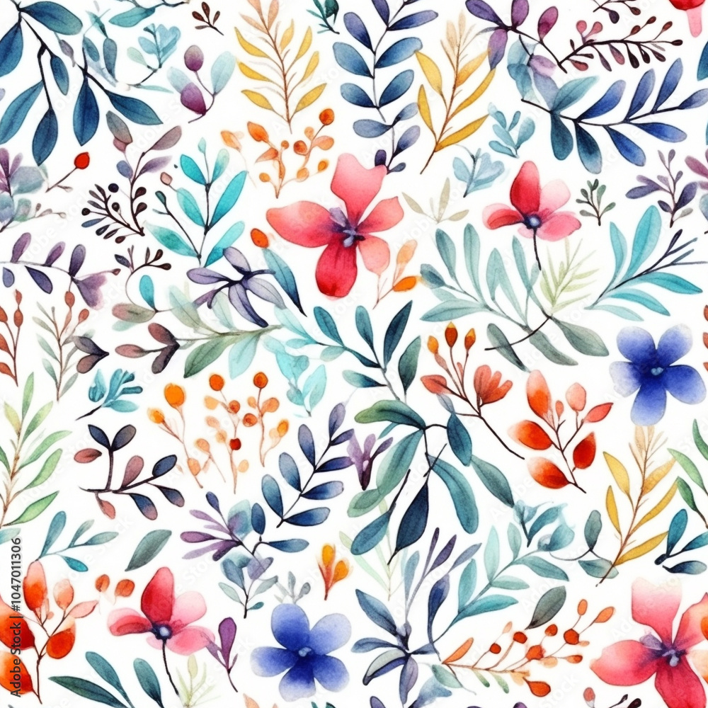 Fototapeta premium Mughal Garden Watercolor Elements: Floral & Architectural Design seamless pattern of colorful watercolor floral and bird motifs 