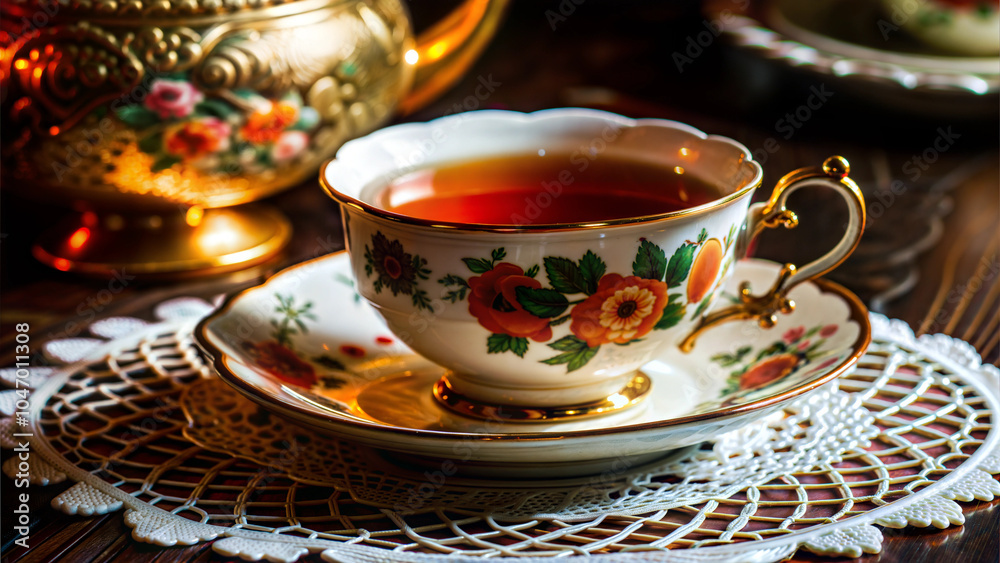 Ornate cup of tea with floral pattern on a lace tablecloth alongside a teapot Ornate cup of tea with floral pattern on a lace tablecloth alongside a teapot