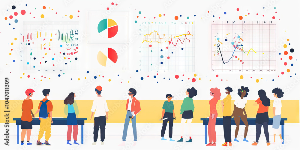 A scatter plot comparing student test scores to their preferred learning styles, using different symbols and colors to identify each combination. A scatter plot comparing student test scores to their preferred learning styles, using different symbols and colors to identify each combination.