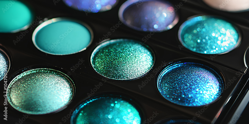 Close up of a makeup palette with many different shades of blue eyeshadow Close up of a makeup palette with many different shades of blue eyeshadow