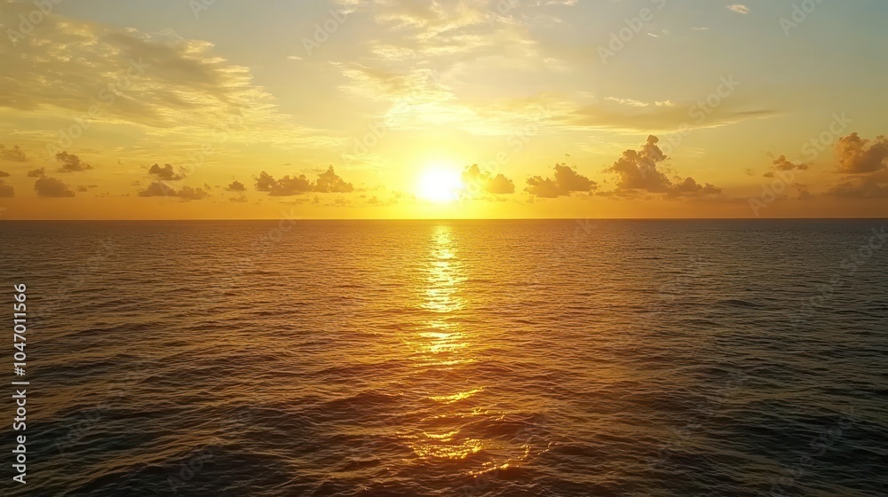 Obraz premium A stunning sunset over the ocean with a golden sky and clouds.