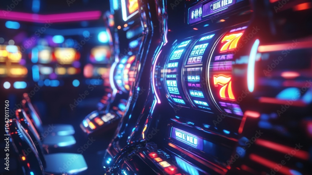 Brightly lit slot machines feature spinning reels and a glowing jackpot symbol, captivating players as they try their luck in the casino. Generative AI Brightly lit slot machines feature spinning reels and a glowing jackpot symbol, captivating players as they try their luck in the casino. Generative AI
