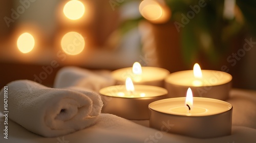 White aromatherapy candles flickering in a tranquil spa room