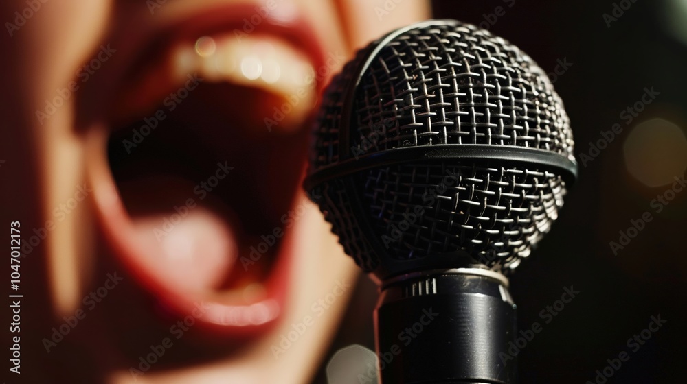 Obraz premium Closeup of a vocalists mouth singing into a studioquality microphone ,close-up
