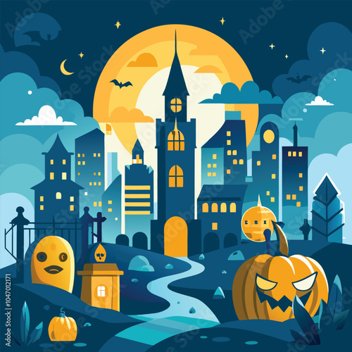 Spooky Halloween Cityscape with Full Moon