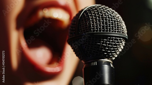 Closeup of a vocalists mouth singing into a studioquality microphone  ,close-up photo