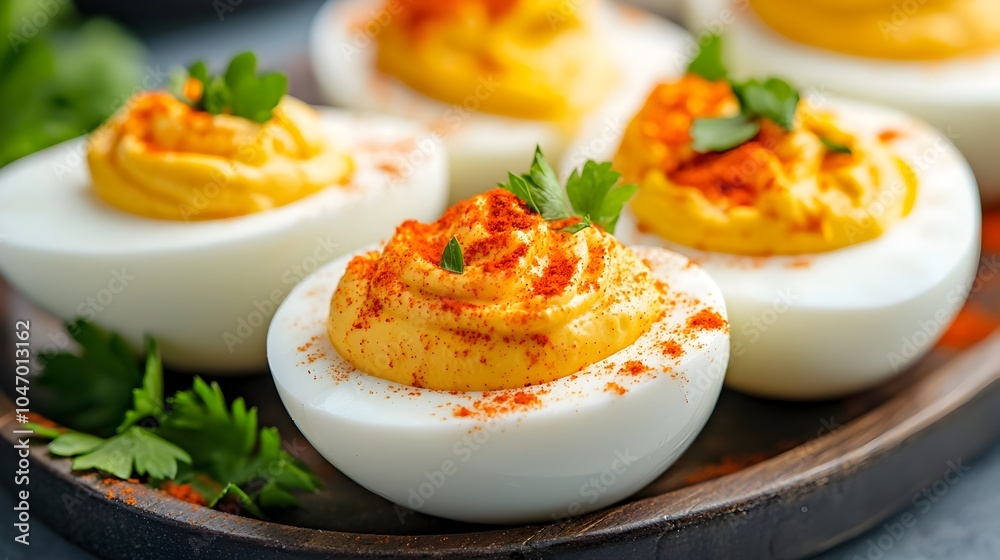 Delicious deviled eggs decorated with vibrant red paprika and fresh green parsley on a modern serving tray ready to be enjoyed as an appetizer or side dish for various occasions such as Easter Delicious deviled eggs decorated with vibrant red paprika and fresh green parsley on a modern serving tray ready to be enjoyed as an appetizer or side dish for various occasions such as Easter