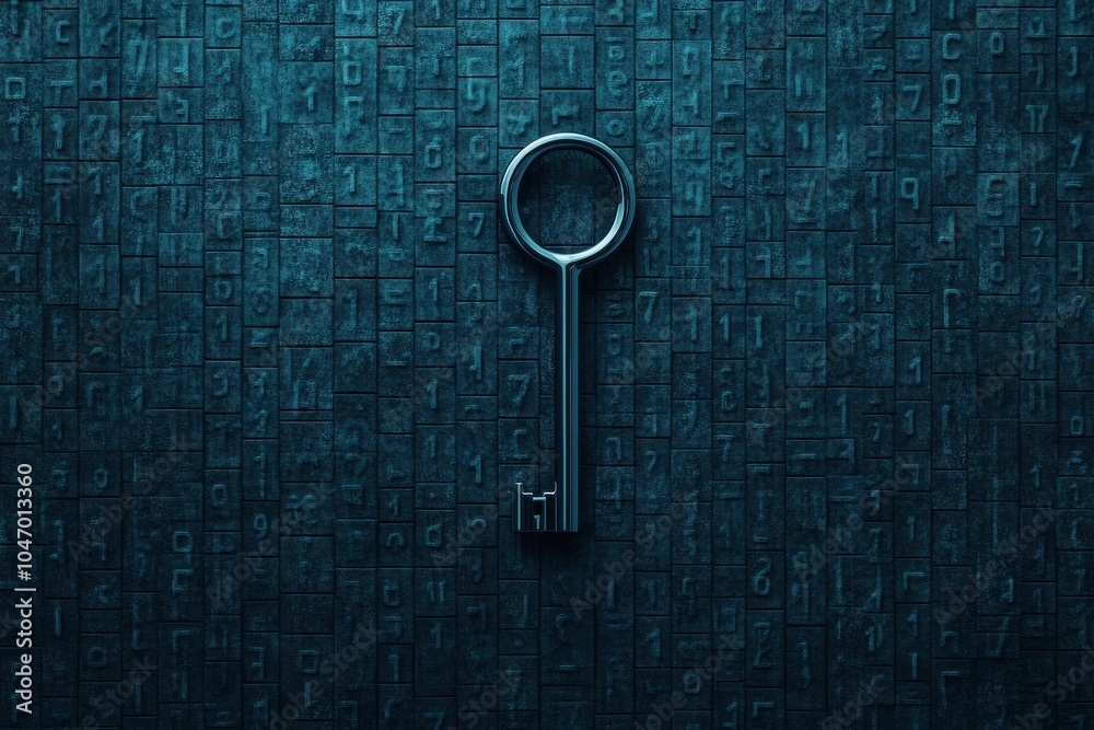 Metallic Key Against Textured Digital Wall Representing Encryption and Security Access Metallic Key Against Textured Digital Wall Representing Encryption and Security Access