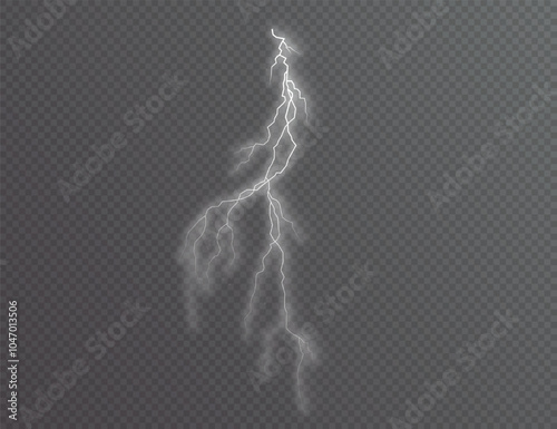 Realistic lightning bolts on a black transparent background. the charge of energy is powerful.Accumulation of electric white charges.A natural phenomenon. Magic effect. Lightning PNG.	
