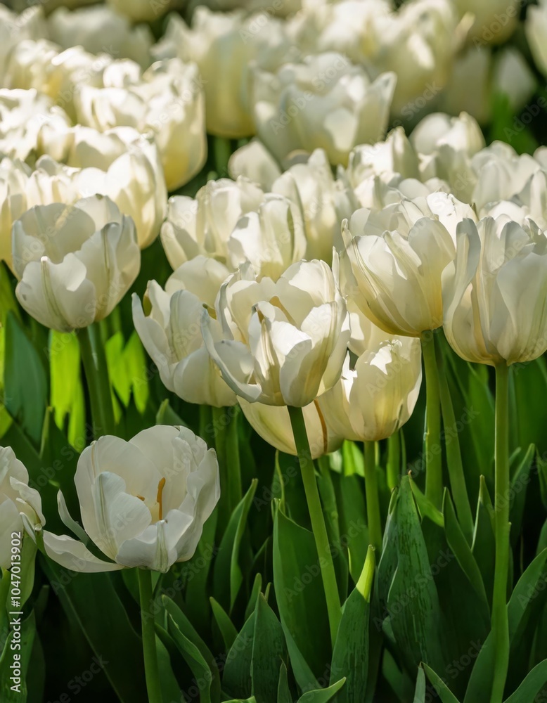 Field of tulips swaying in the spring breeze, a vibrant tapestry 