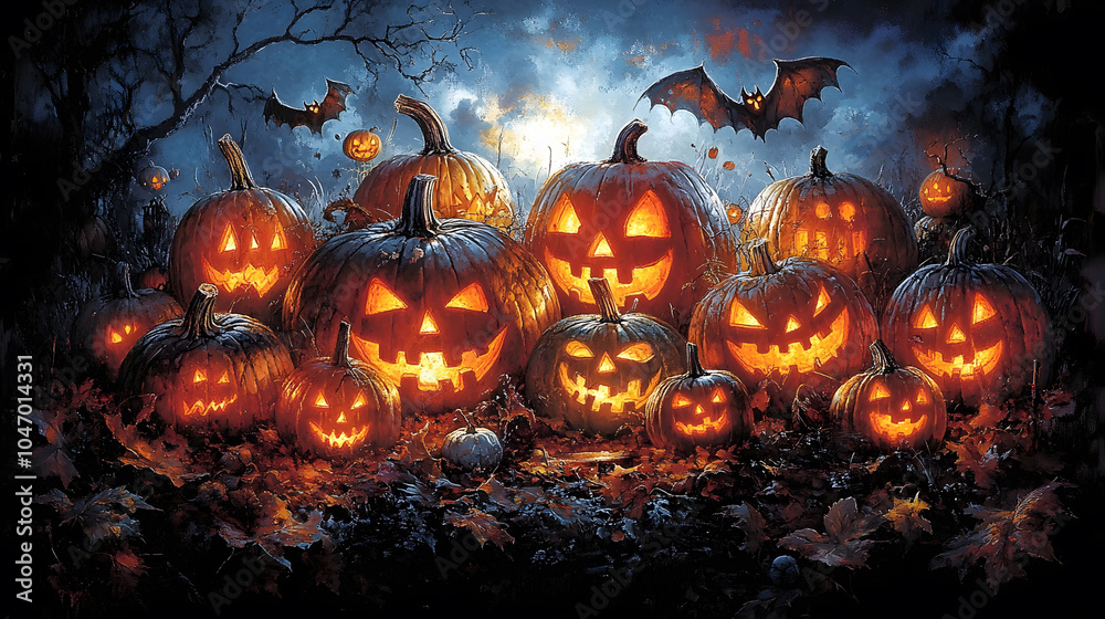 Fototapeta premium Fun Halloween art print showing a pumpkin patch filled with various jack-o'-lanterns