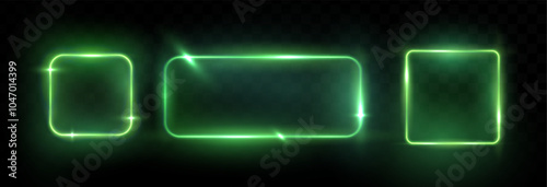 Collection of neon green frames with dark background and glowing techno background. Set of neon frame isolated background. Frame for border speech. Vector illustration.