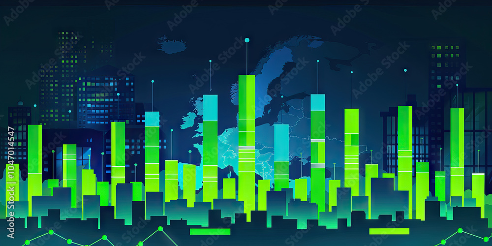 A vibrant infographic illustrating the rise of smartphone usage in urban areas across Europe, using green bars and blue data points.