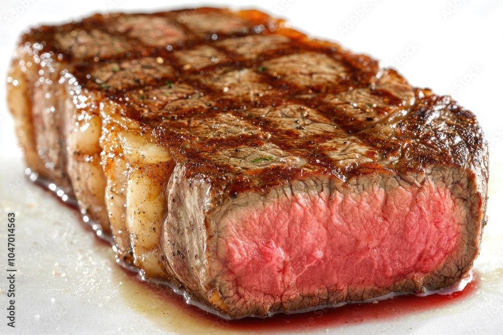 Cooked steak with grill marks, showing tender pink center, white isolated background. Cooked steak with grill marks, showing tender pink center, white isolated background.