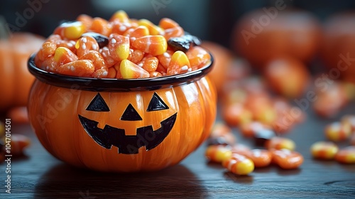 Festive Halloween art print of colorful candy scattered around a spooky cauldron photo