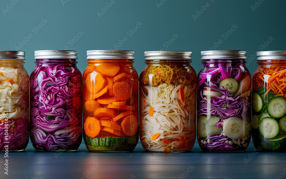Row of jars filled with pickles of various colors Row of jars filled with pickles of various colors