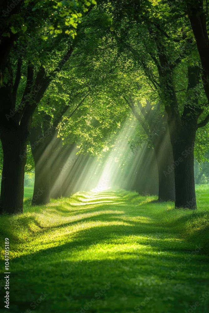 Obraz premium Sunlit Green Path through Forest with Watercolor Illustration