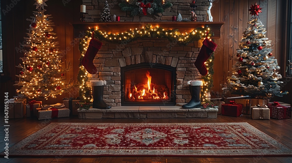 a Christmas decorated empty open fireplace, Christmas boots for presents hanging on the top of the fireplace, lights and tree twigs on the top of the fireplace, nights settings with twinkle lights.