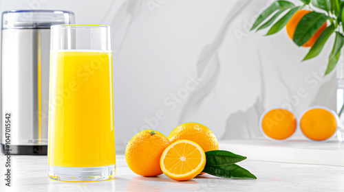 Fresh orange juice in a glass with ripe oranges and green leaves on a modern kitchen counter