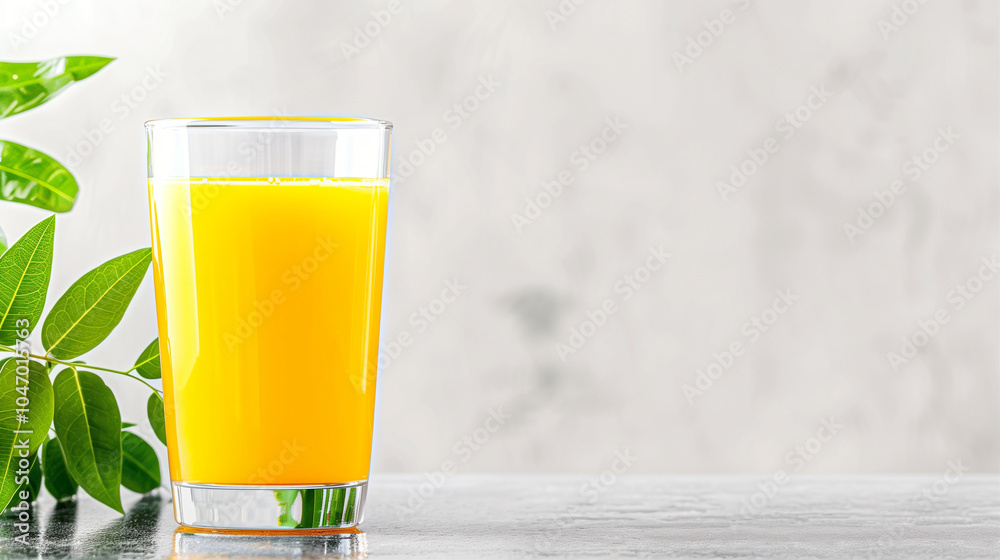 Glass of orange juice with fresh leaves on a marble surface refreshing beverage Glass of orange juice with fresh leaves on a marble surface refreshing beverage