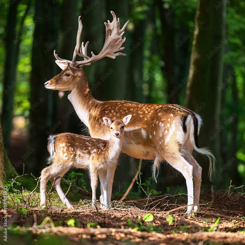 fallow deer cub with dad, AI generated fallow deer cub with dad, AI generated