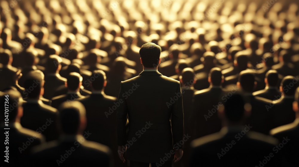 Obraz premium Dictatorship. Businessman Leading Crowd of Military Saluting in 3D Illustration