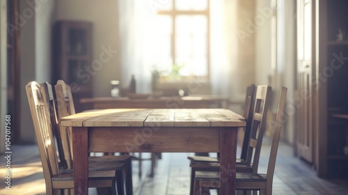 Dinning Table Setting: Simple Wooden Table and Chairs in Minimalist Interior