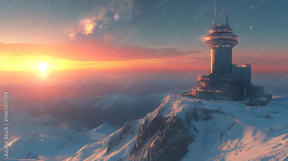 A futuristic observatory tower stands atop a snow-capped mountain peak, bathed in the warm glow of a setting sun. The sky is ablaze with vibrant colors, with a faint nebula visible in the distance. A futuristic observatory tower stands atop a snow-capped mountain peak, bathed in the warm glow of a setting sun. The sky is ablaze with vibrant colors, with a faint nebula visible in the distance.