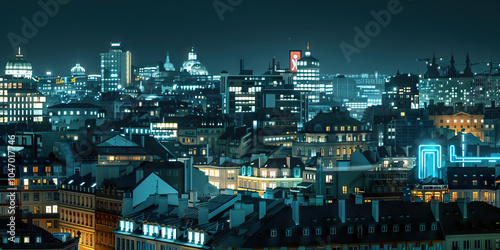 A striking photograph of a European city skyline at night, with buildings illuminated in warm white lights and accented by blue neon signs. photo