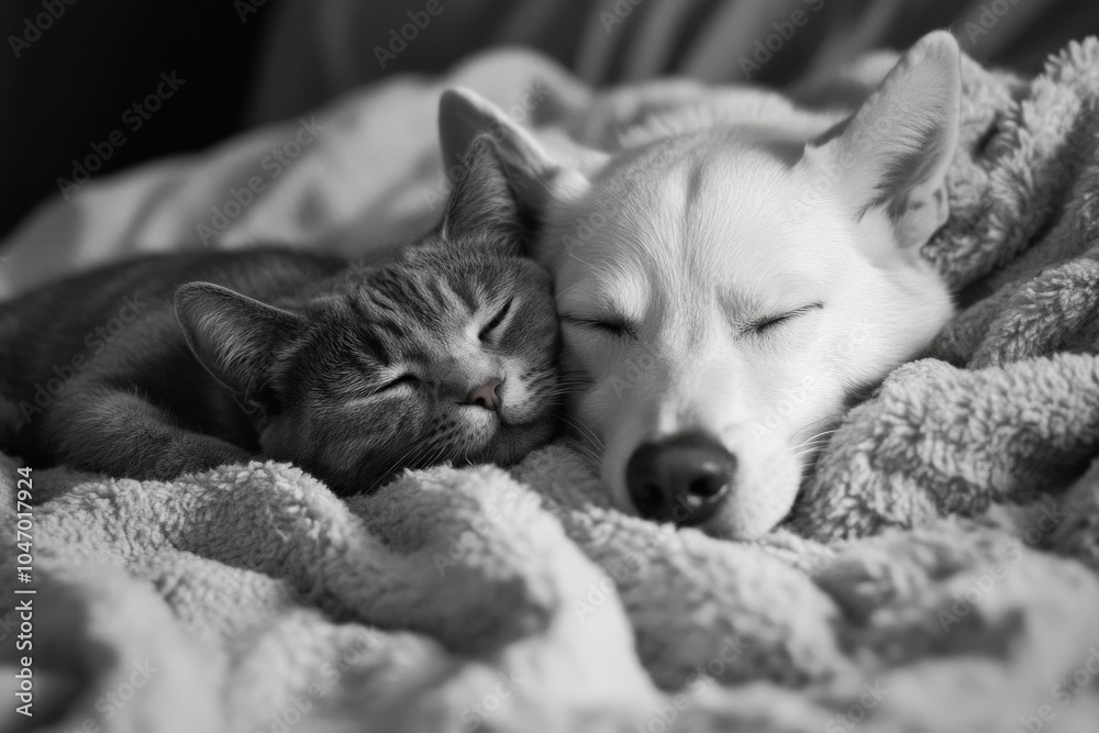 Obraz premium Dog And Cat Together. A Cute Friendship Between Pets on a Cozy Blanket