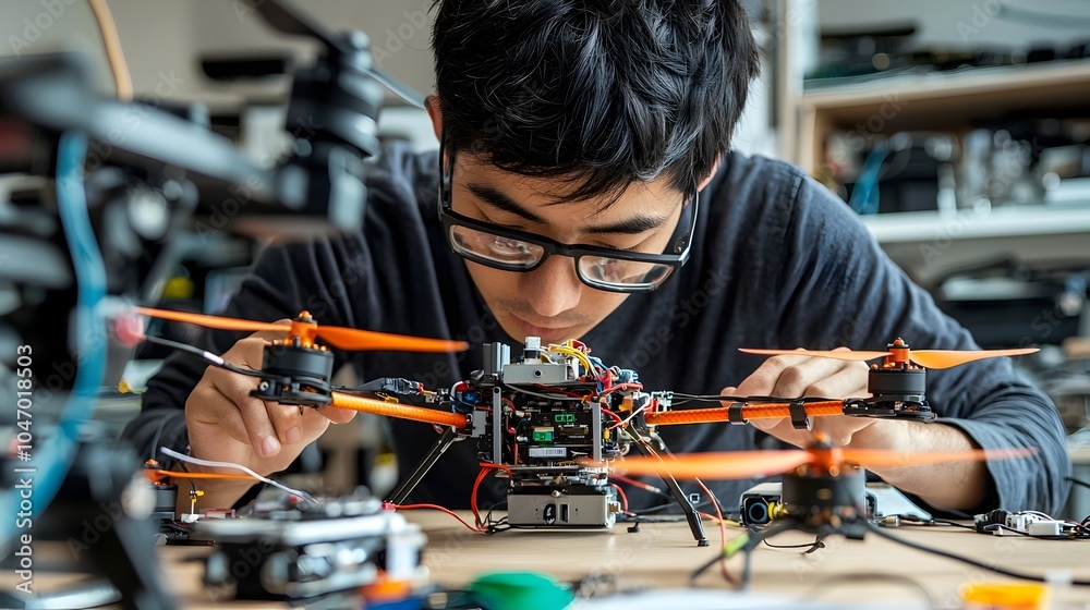 Latin American Mechanical Engineer Meticulously Examining and Testing Drone Mechanics and Electronics in a Workshop Setting Exploring Aerial Innovation and Technology Latin American Mechanical Engineer Meticulously Examining and Testing Drone Mechanics and Electronics in a Workshop Setting Exploring Aerial Innovation and Technology