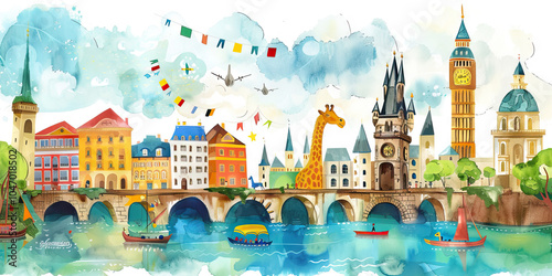 A whimsical children's book about a young explorer traveling through different European countries, using vibrant watercolor illustrations to depict the landmarks and culture.