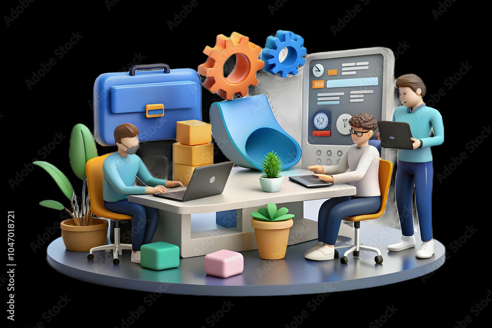 Obraz premium Tech Team Developing Innovative Software Solutions Plain Background Collaborative Workspace Ample Copy Space for Branding Creativity Business Innovation Photo Stock Concept