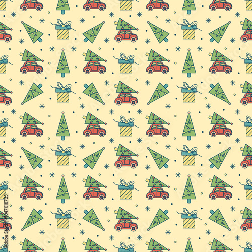 Christmas seamless pattern of Christmas car and Christmas trees. Colorful pattern for festive wrapping paper, children's clothing, textiles