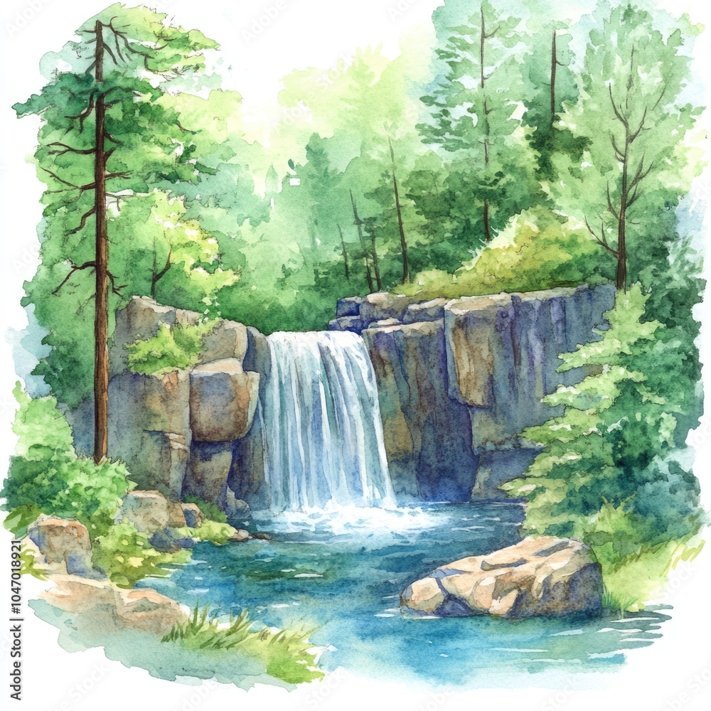 Naklejka premium Watercolor Forest Landscape with Trees and Rocks. Hand-drawn Illustration of Nature Scenery