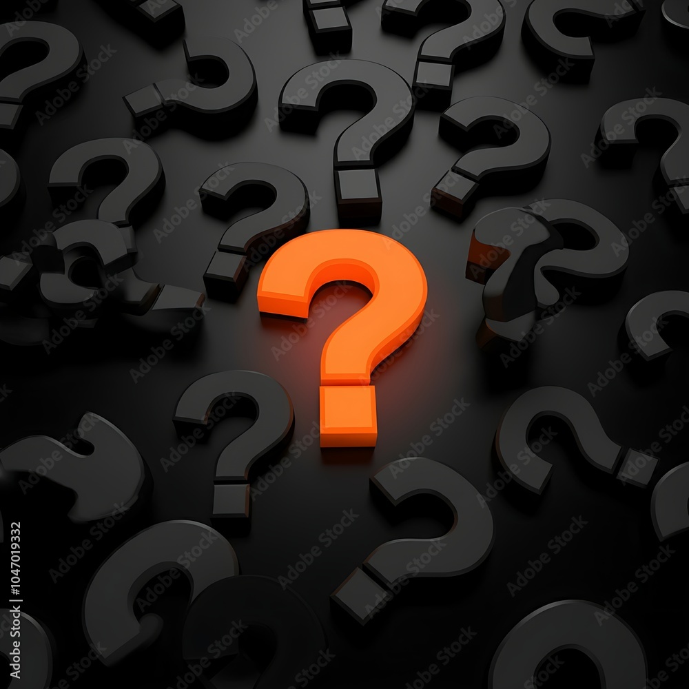 A black background with scattered black question marks in varied sizes, centered by a standout bright orange question mark in a modern, 3D minimalist style A black background with scattered black question marks in varied sizes, centered by a standout bright orange question mark in a modern, 3D minimalist style