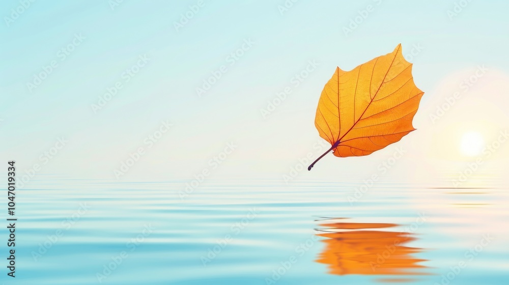 Obraz premium Floating autumn leaf on tranquil water at sunrise with clear blue sky.