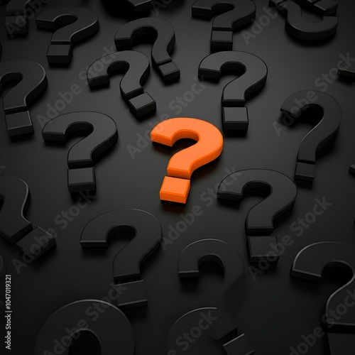 On a black background, various-sized black question marks surround a single bright orange question mark in the center, lending a sleek, modern feel.