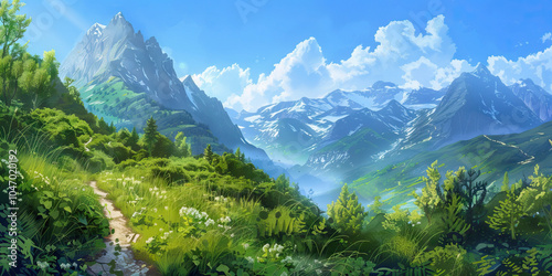 A peaceful landscape painting of a European mountain range, with a small hiking trail winding through the lush greenery and the blue sky above.