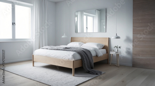 A minimalist Scandinavian bedroom featuring a light wood bed frame with white bedding, a soft gray wool throw