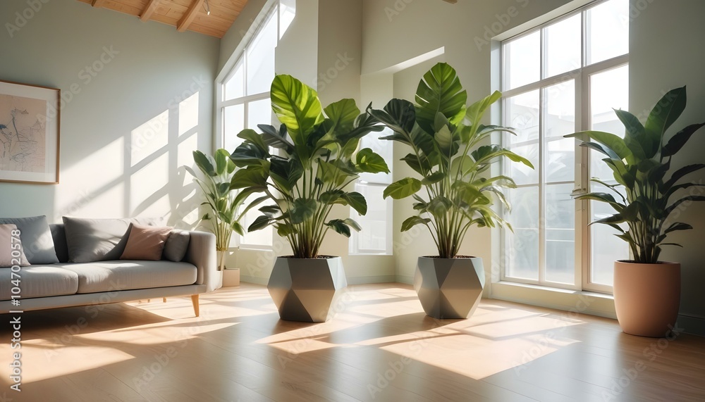 Fototapeta premium Modern room with a large sunroof, bright sunlight streaming in, sleek furniture in neutral tones, a large green indoor plant in the corner, wooden flooring, and a minimalist decor style