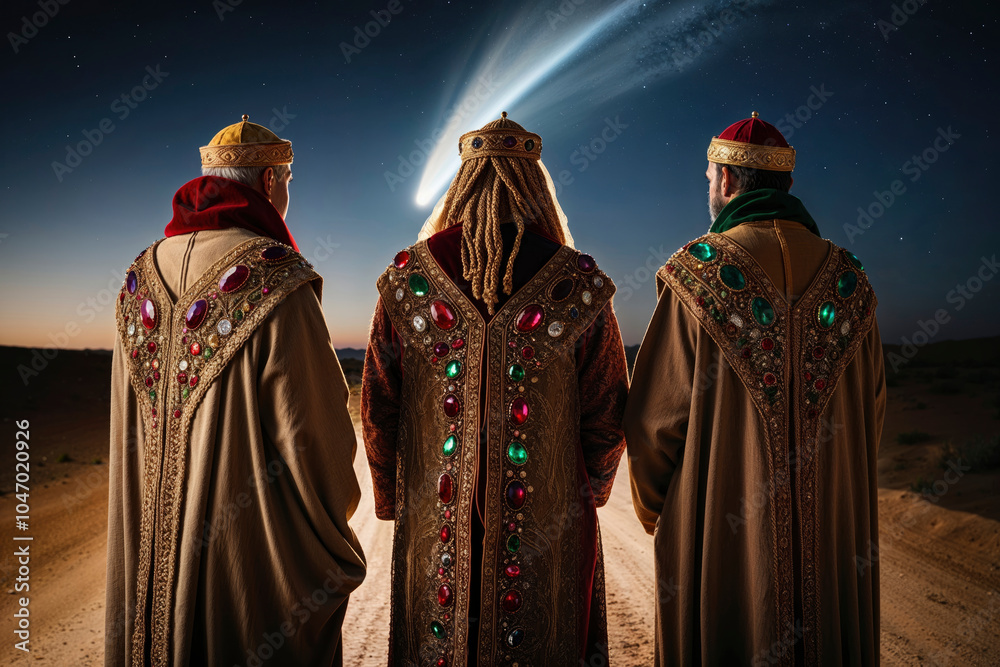 © Marino Bocelli - three wise men from behind with tunics adorned with precious stones looking at the comet of bethlehem shining in the sky © Marino Bocelli - three wise men from behind with tunics adorned with precious stones looking at the comet of bethlehem shining in the sky
