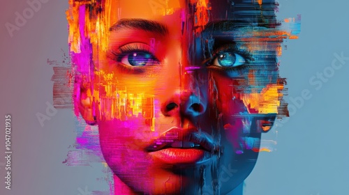 Vibrant abstract digital art portrait with distorted glitch effects and vivid colors photo