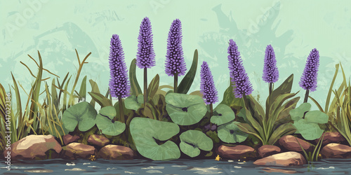 Pickerelweed with purple flower spikes emerging from a water garden, illustration art photo