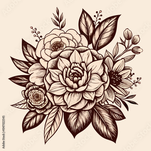 a floral tattoo with detailed realism, incorporating multiple types of flowers