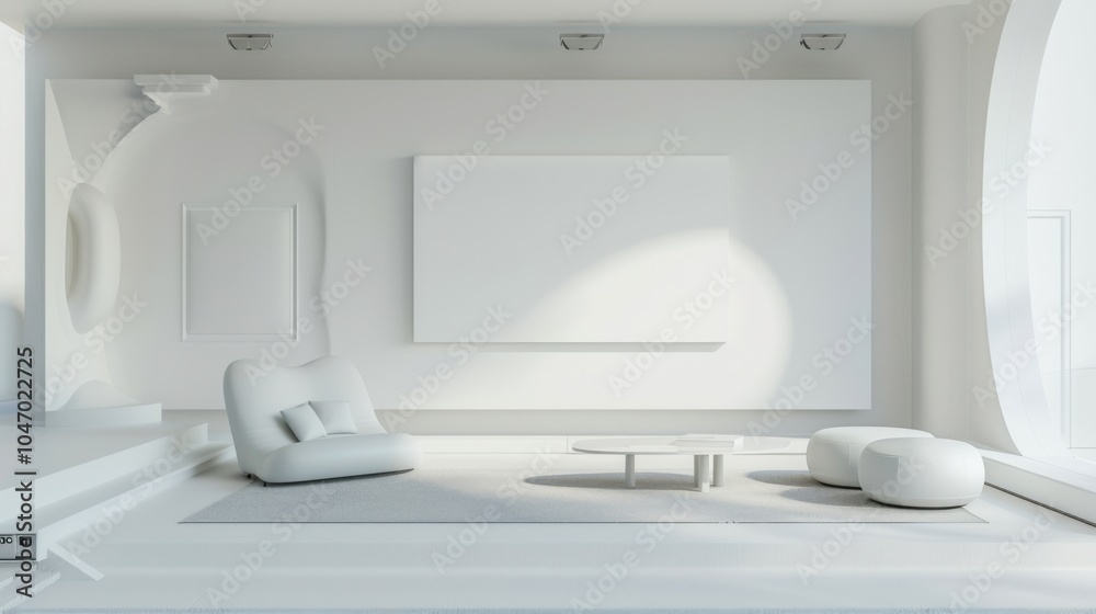 A high-tech minimalist showcase adorned with a white canvas backdrop, Futuristic furniture arrangement in a state-of-the-art smart home, Tech minimalism style A high-tech minimalist showcase adorned with a white canvas backdrop, Futuristic furniture arrangement in a state-of-the-art smart home, Tech minimalism style