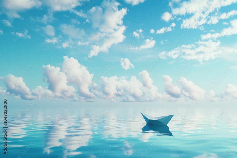 Paper Boat Floating in Calm Blue Water Under Cloudy Sky Paper Boat Floating in Calm Blue Water Under Cloudy Sky